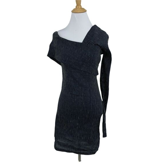Beaufille Pinstripe One Sleeve Canopy Dress Size 4 Navy Linen Blend Stretch - Picture 3 of 13